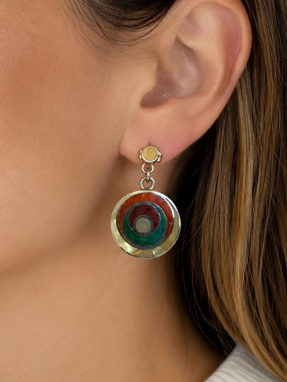 Vintage Sterling Silver Inlay Mother of Pearl Malachite Dangle Earrings
